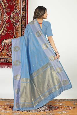 Slate grey banarasi silk blend saree with zari buta weaving 2
