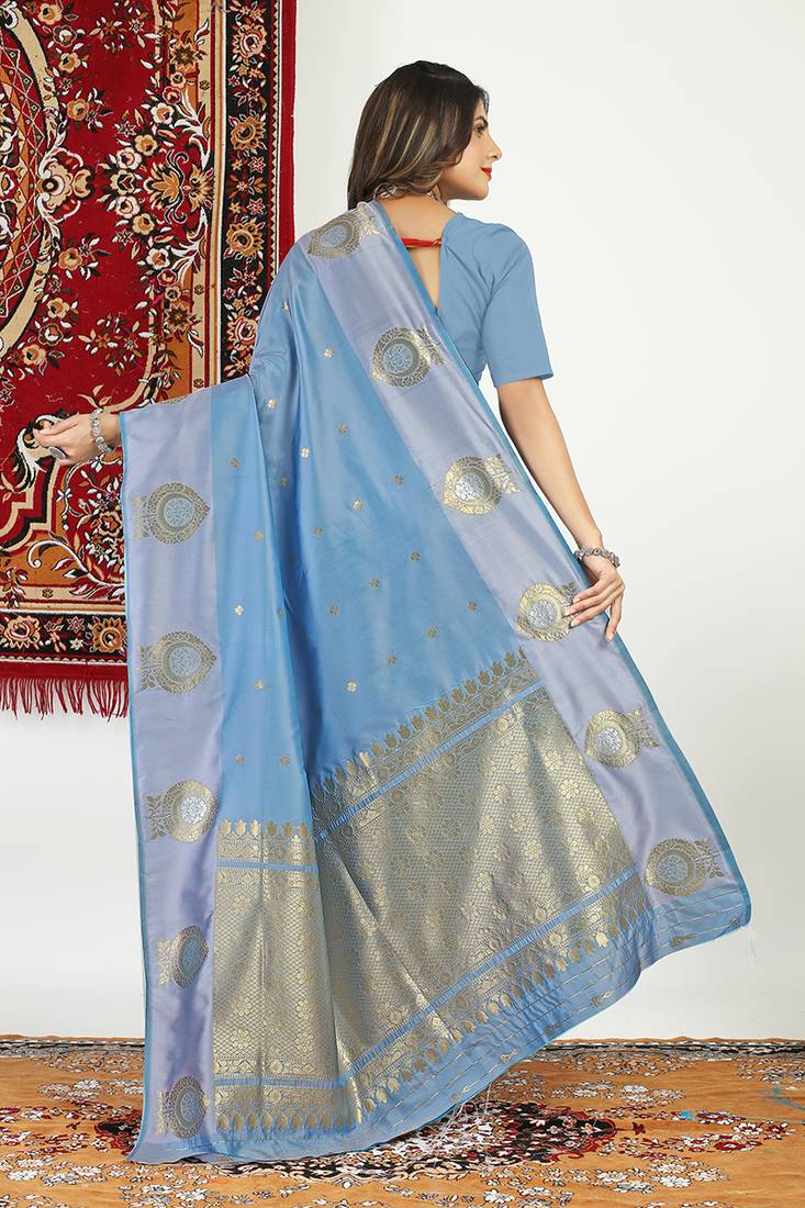 Slate grey banarasi silk blend saree with zari buta weaving
