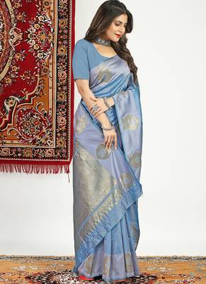 Slate grey banarasi silk blend saree with zari buta weaving 3