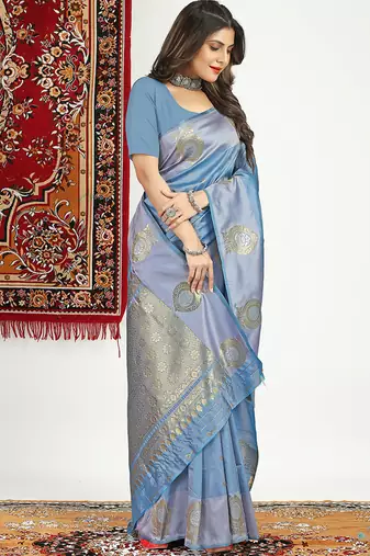 Slate grey banarasi silk blend saree with zari buta weaving