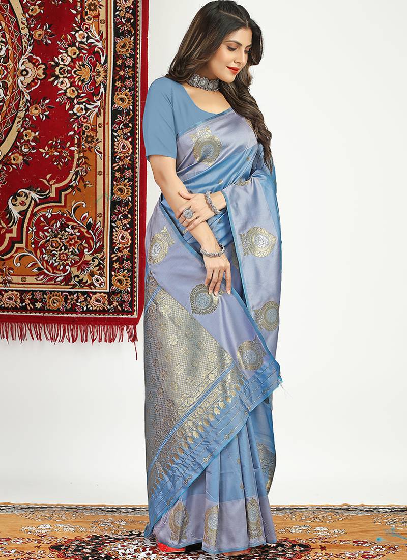 Slate grey banarasi silk blend saree with zari buta weaving