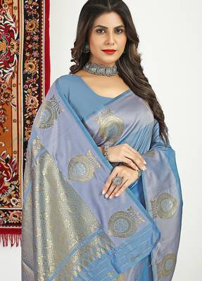 Slate grey banarasi silk blend saree with zari buta weaving 4