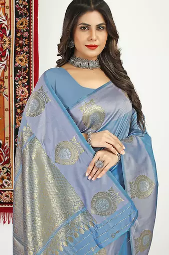 Slate grey banarasi silk blend saree with zari buta weaving