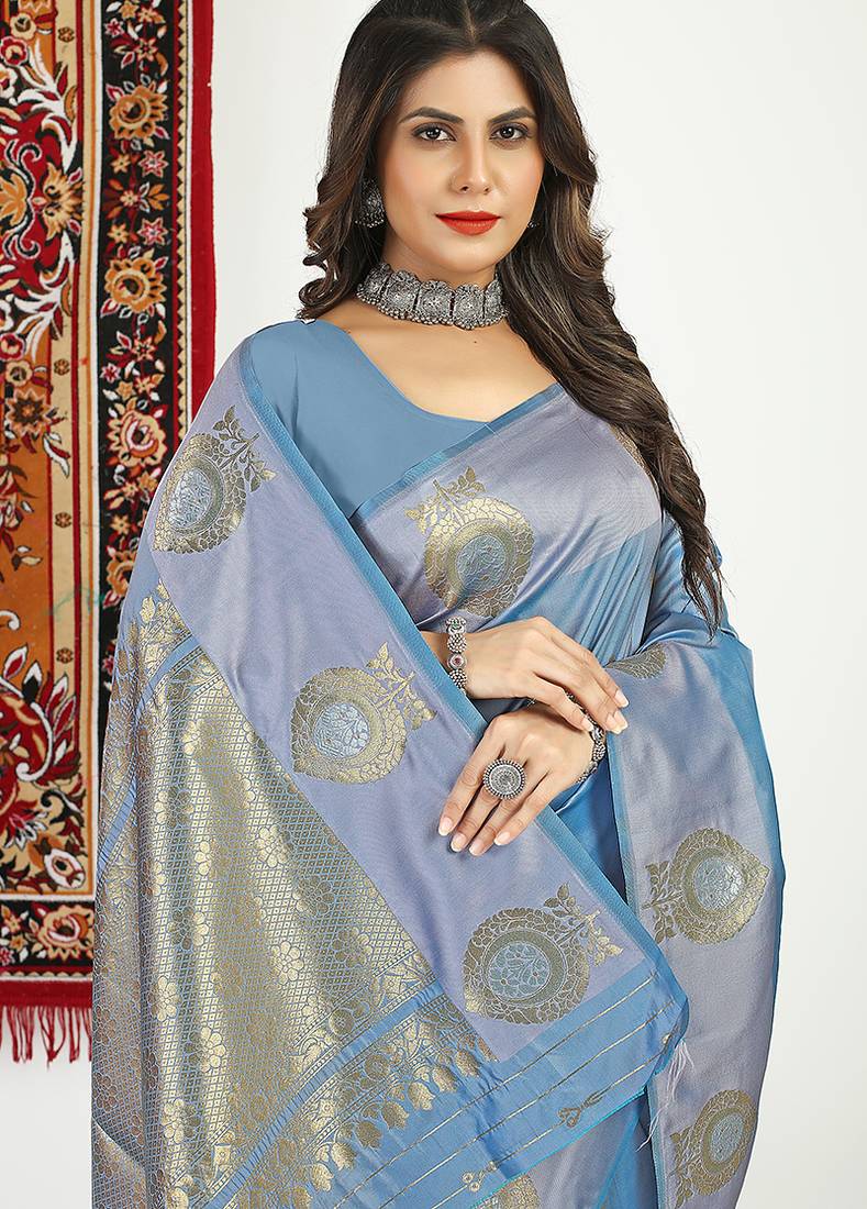 Slate grey banarasi silk blend saree with zari buta weaving