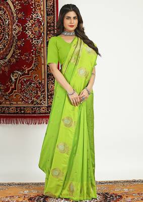 Lime green banarasi silk blend saree with zari buta weaving 1
