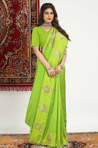 Lime green banarasi silk blend saree with zari buta weaving