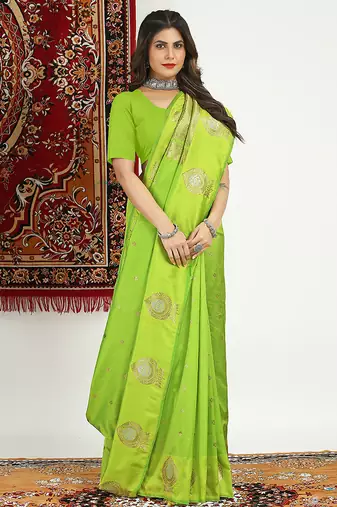 Lime green banarasi silk blend saree with zari buta weaving