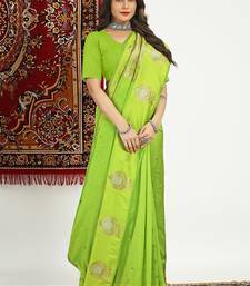Lime green banarasi silk blend saree with zari buta weaving