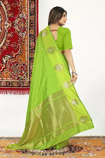 Lime green banarasi silk blend saree with zari buta weaving