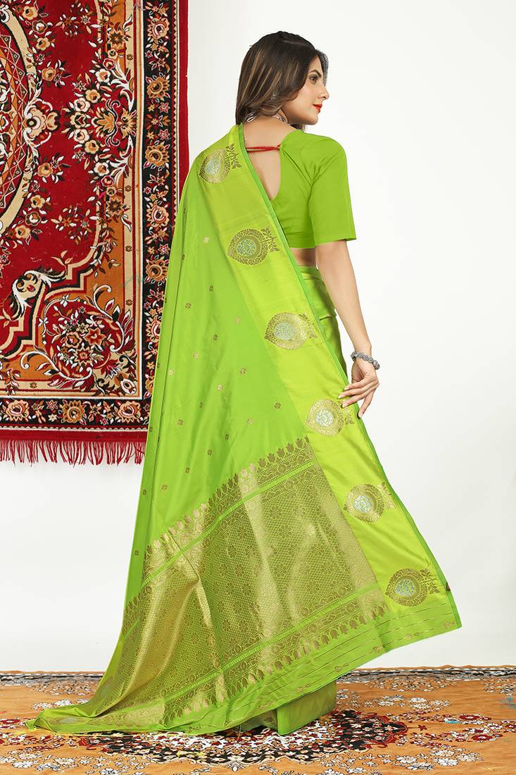 Lime green banarasi silk blend saree with zari buta weaving
