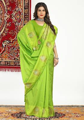 Lime green banarasi silk blend saree with zari buta weaving 3