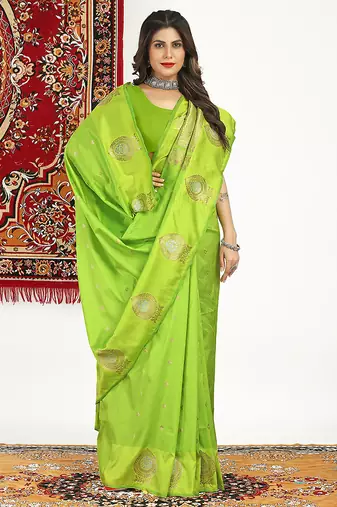 Lime green banarasi silk blend saree with zari buta weaving