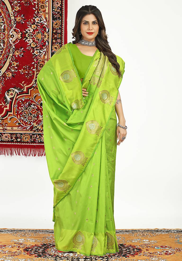 Lime green banarasi silk blend saree with zari buta weaving