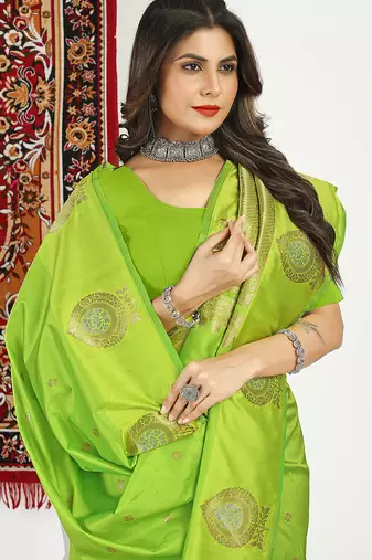 Lime green banarasi silk blend saree with zari buta weaving