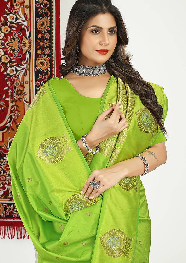 Lime green banarasi silk blend saree with zari buta weaving