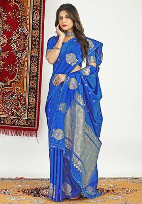 Royal blue banarasi silk blend saree with zari buta weaving 1