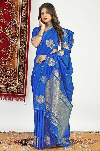 Royal blue banarasi silk blend saree with zari buta weaving