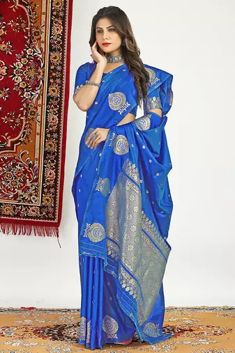 Royal blue banarasi silk blend saree with zari buta weaving