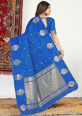 Royal blue banarasi silk blend saree with zari buta weaving 2