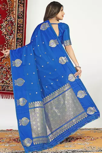 Royal blue banarasi silk blend saree with zari buta weaving
