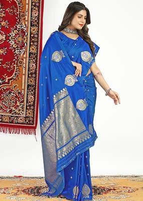 Royal blue banarasi silk blend saree with zari buta weaving 3