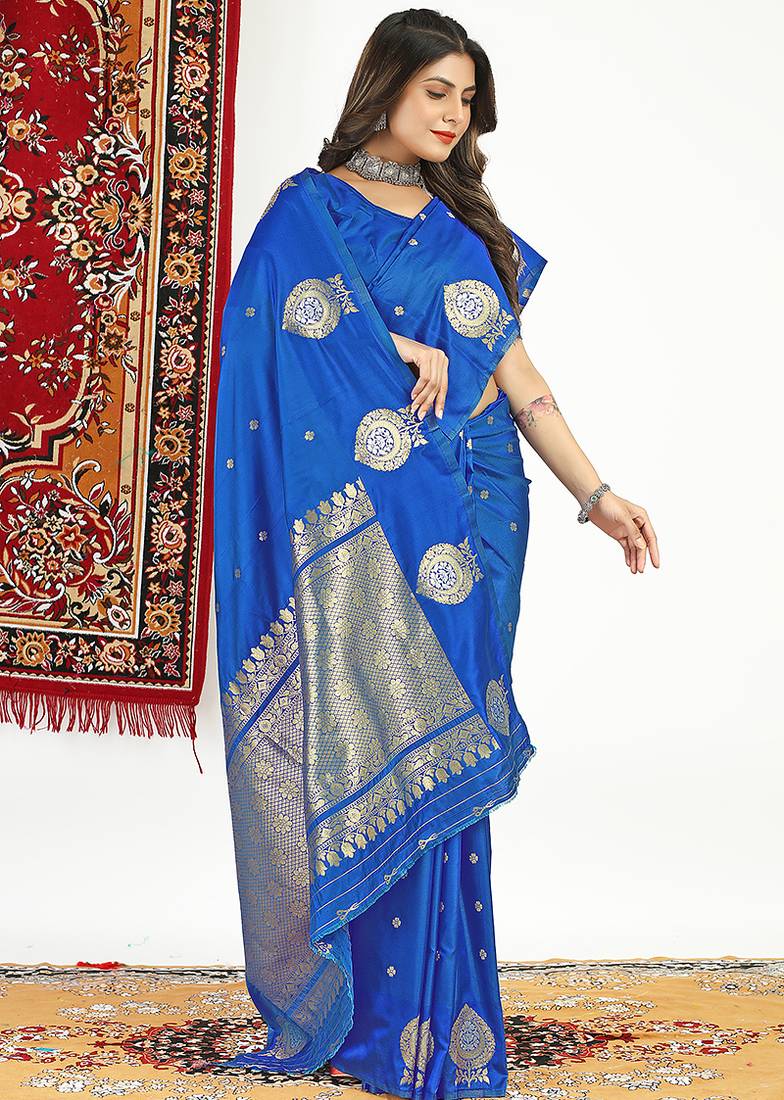 Royal blue banarasi silk blend saree with zari buta weaving