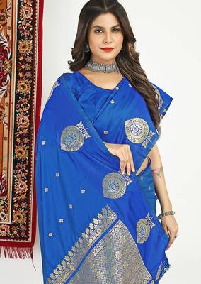 Royal blue banarasi silk blend saree with zari buta weaving 4