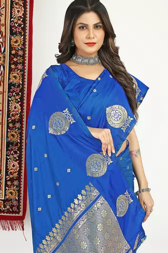 Royal blue banarasi silk blend saree with zari buta weaving