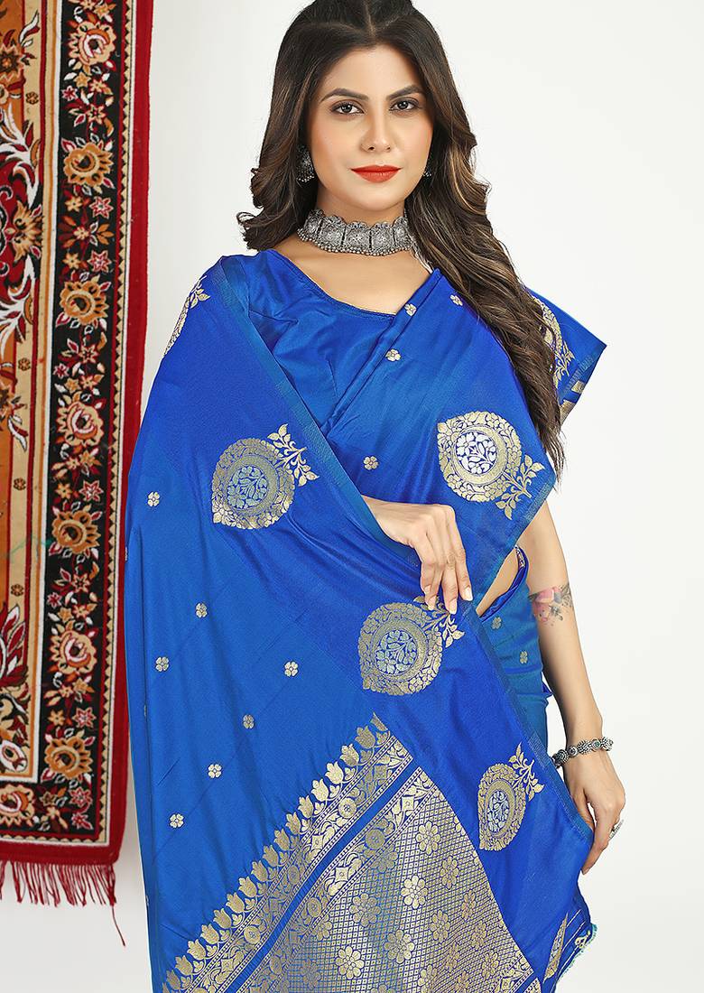 Royal blue banarasi silk blend saree with zari buta weaving