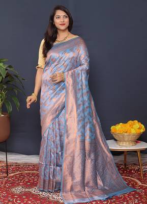 Sky blue kanjeevaram silk blend saree with copper zari floral weaving 1