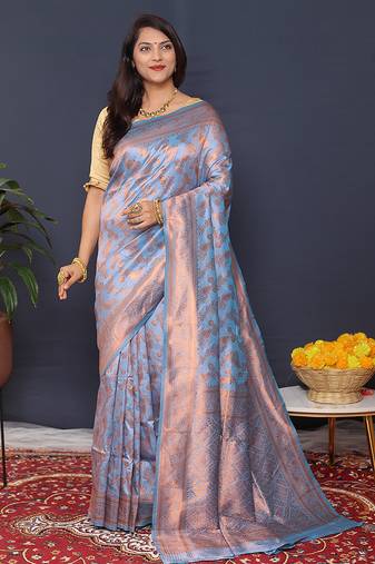 Sky blue kanjeevaram silk blend saree with copper zari floral weaving