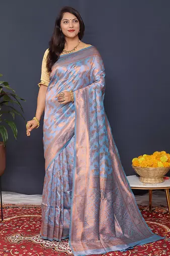 Sky blue kanjeevaram silk blend saree with copper zari floral weaving