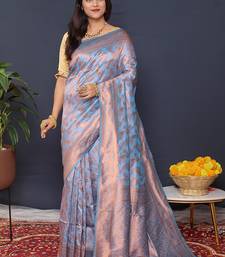 Sky blue kanjeevaram silk blend saree with copper zari floral weaving