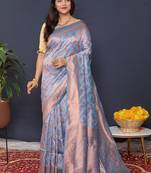 Sky blue kanjeevaram silk blend saree with copper zari floral weaving