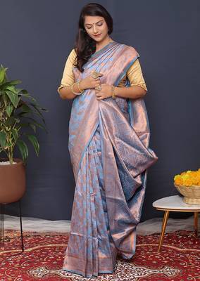 Sky blue kanjeevaram silk blend saree with copper zari floral weaving 2