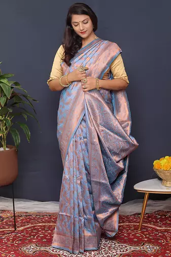Sky blue kanjeevaram silk blend saree with copper zari floral weaving