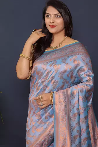 Sky blue kanjeevaram silk blend saree with copper zari floral weaving