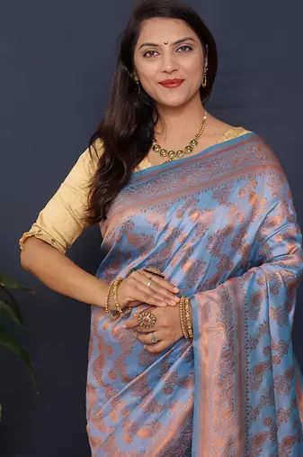 Sky blue kanjeevaram silk blend saree with copper zari floral weaving