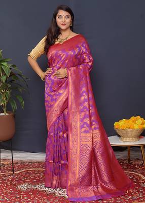 Violet kanjeevaram silk blend saree with copper zari floral weaving 1