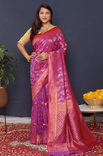 Violet kanjeevaram silk blend saree with copper zari floral weaving