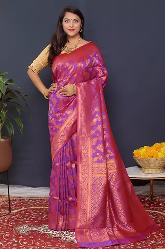 Violet kanjeevaram silk blend saree with copper zari floral weaving