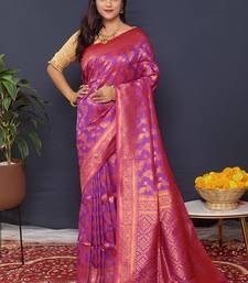 Violet kanjeevaram silk blend saree with copper zari floral weaving