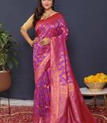 Violet kanjeevaram silk blend saree with copper zari floral weaving