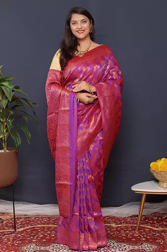 Violet kanjeevaram silk blend saree with copper zari floral weaving