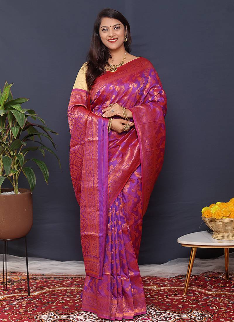 Violet kanjeevaram silk blend saree with copper zari floral weaving