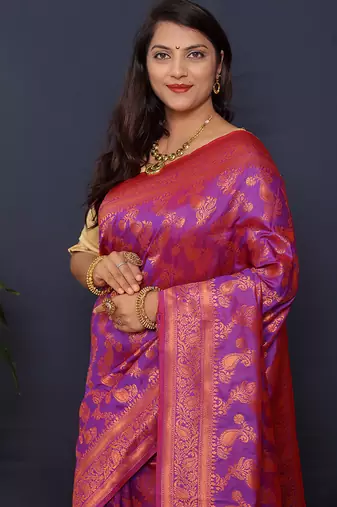 Violet kanjeevaram silk blend saree with copper zari floral weaving