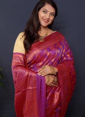 Violet kanjeevaram silk blend saree with copper zari floral weaving 4