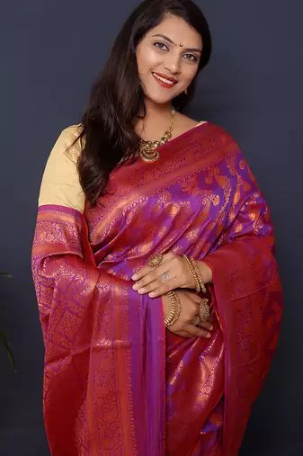 Violet kanjeevaram silk blend saree with copper zari floral weaving