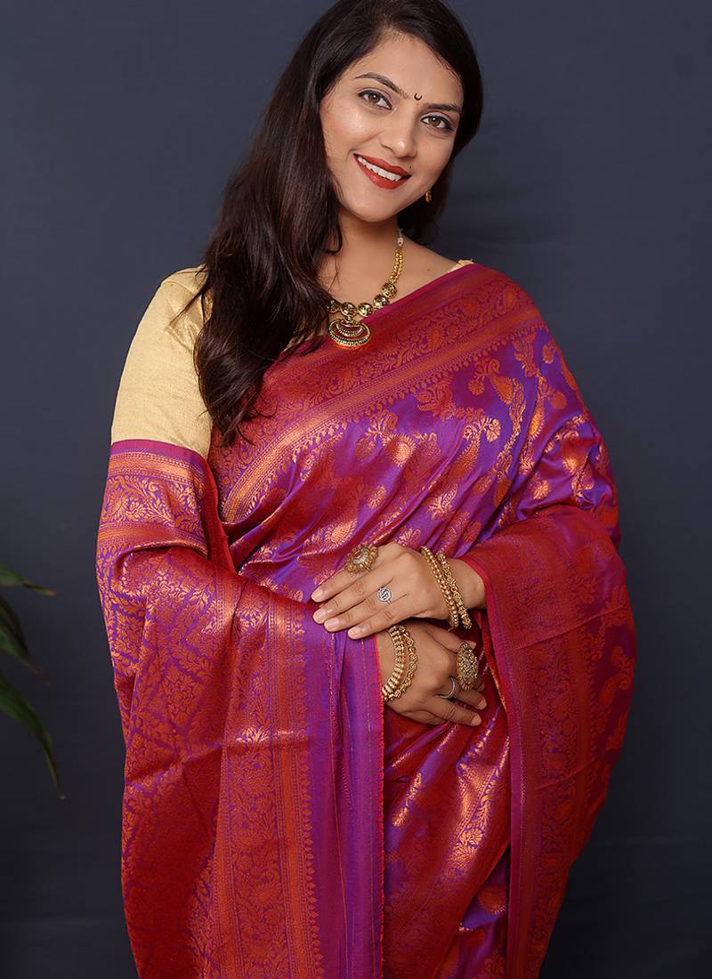Violet kanjeevaram silk blend saree with copper zari floral weaving