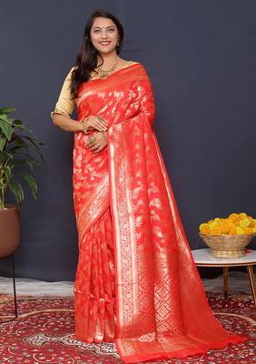 Red kanjeevaram silk blend saree with copper zari floral weaving 1
